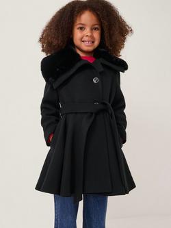Monsoon Kids' Belted Faux Fur Coat, Black, Black