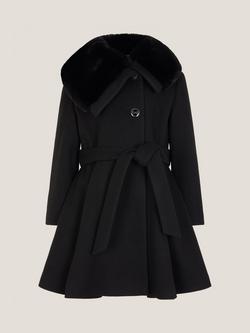 Monsoon Kids' Belted Faux Fur Coat, Black - view 2, Black