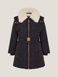 Monsoon Kids' Quilted Faux Fur Belted Coat, Black