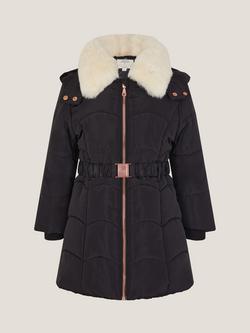 Monsoon Kids' Quilted Faux Fur Belted Coat, Black - view 2, Black