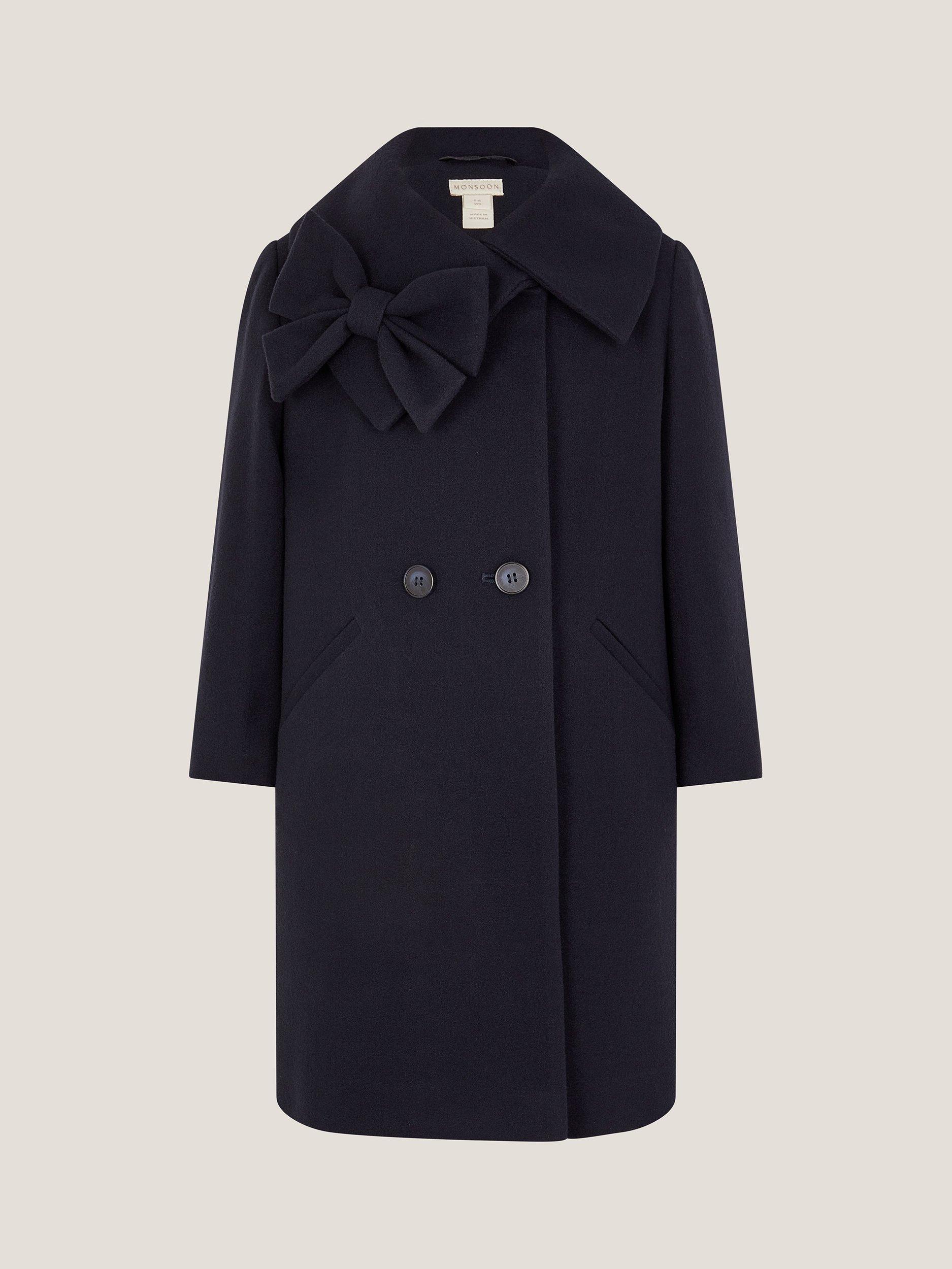 Product image 1 of 3, which shows Monsoon Kids' Bow Collared Coat, Navy, 3-4 years