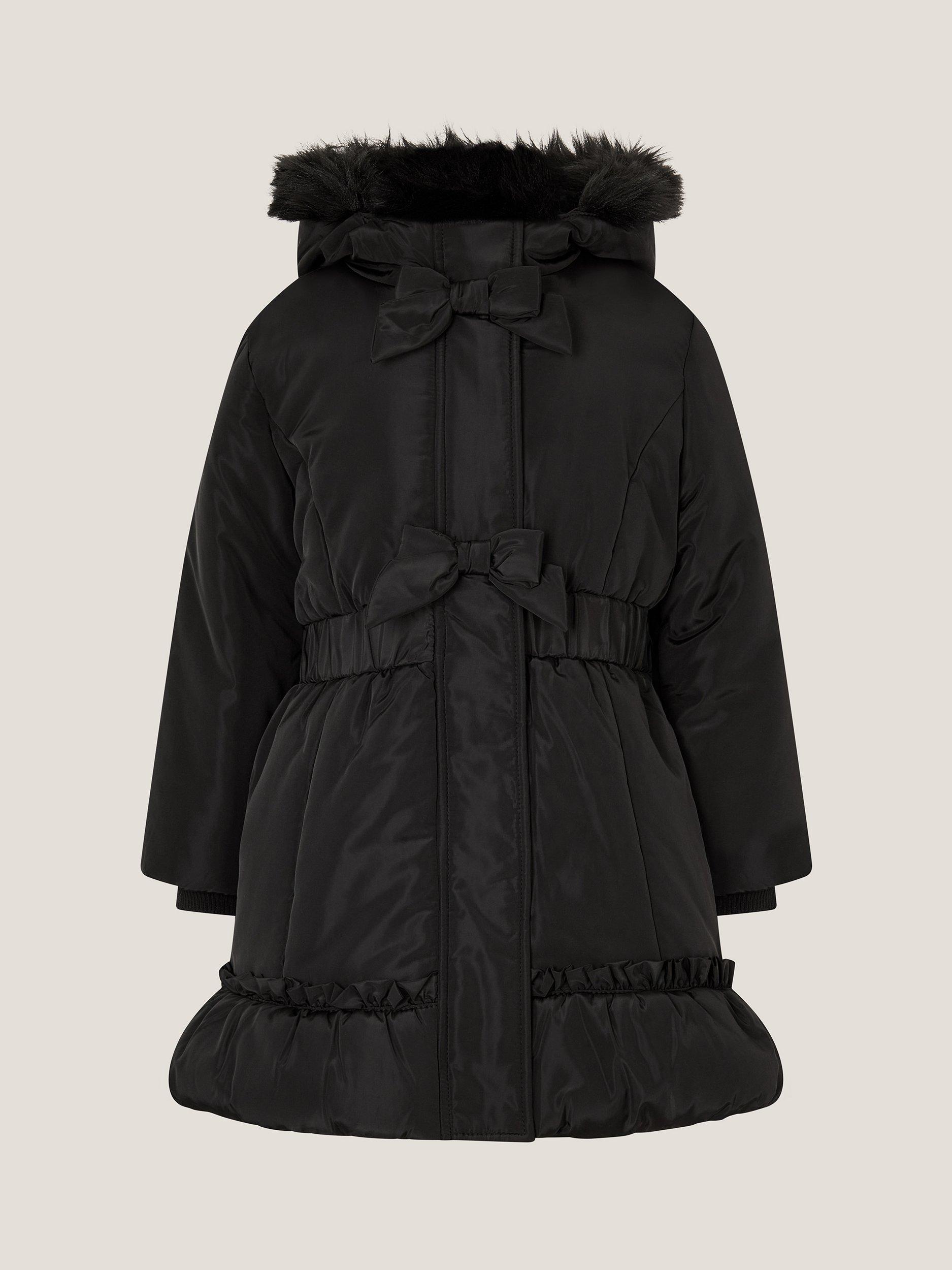 Product image 1 of 3, which shows Monsoon Kids' Frill Bow Coat, Black, 3-4 years
