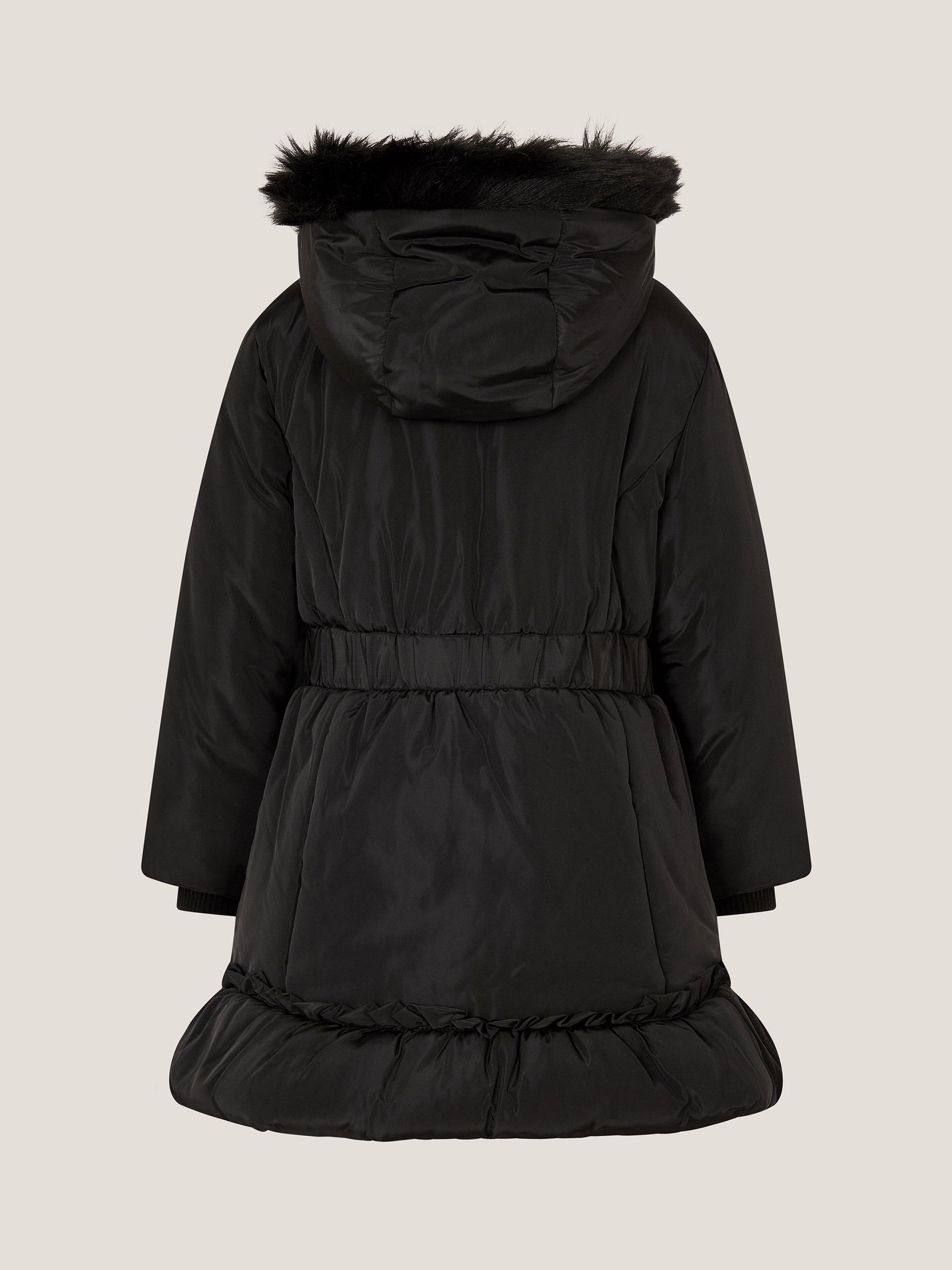 Product image 2 of 3, which shows Monsoon Kids' Frill Bow Coat, Black, 3-4 years