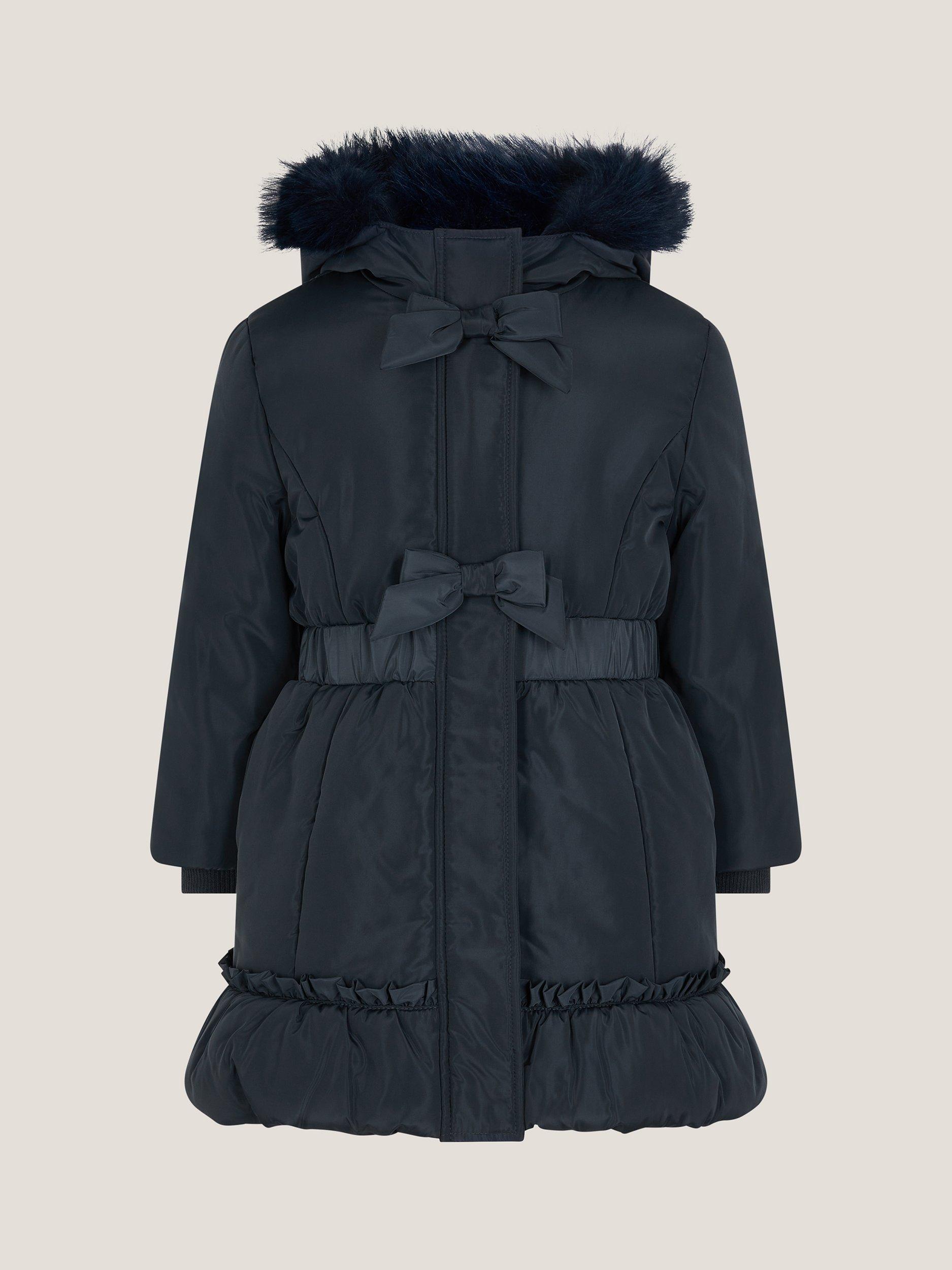 Product image 1 of 3, which shows Monsoon Kids' Padded Frill Bow Coat, Navy, 3-4 years