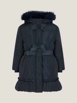 Monsoon Kids' Padded Frill Bow Coat, Navy, Navy