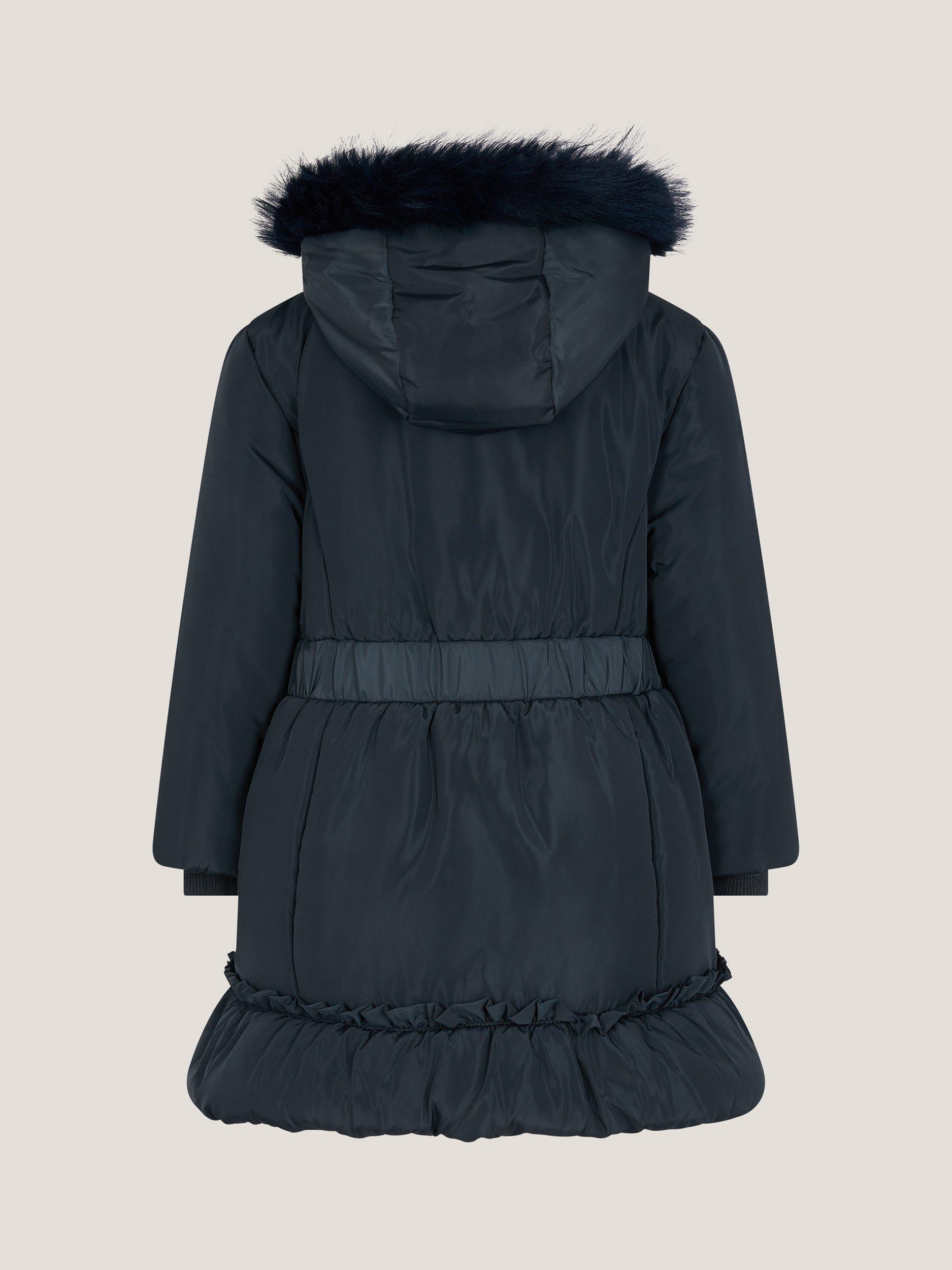 Product image 2 of 3, which shows Monsoon Kids' Padded Frill Bow Coat, Navy, 3-4 years