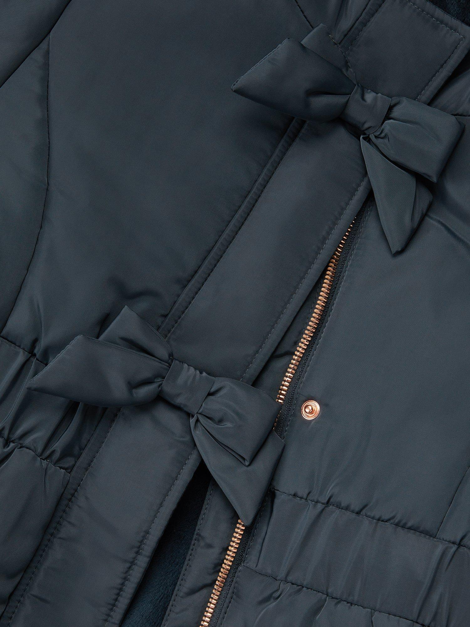 Product image 3 of 3, which shows Monsoon Kids' Padded Frill Bow Coat, Navy, 3-4 years