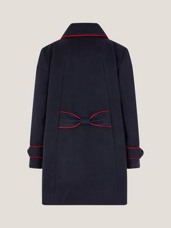 Monsoon Kids' Contrast Piped Bow Coat, Navy - view 2, Navy
