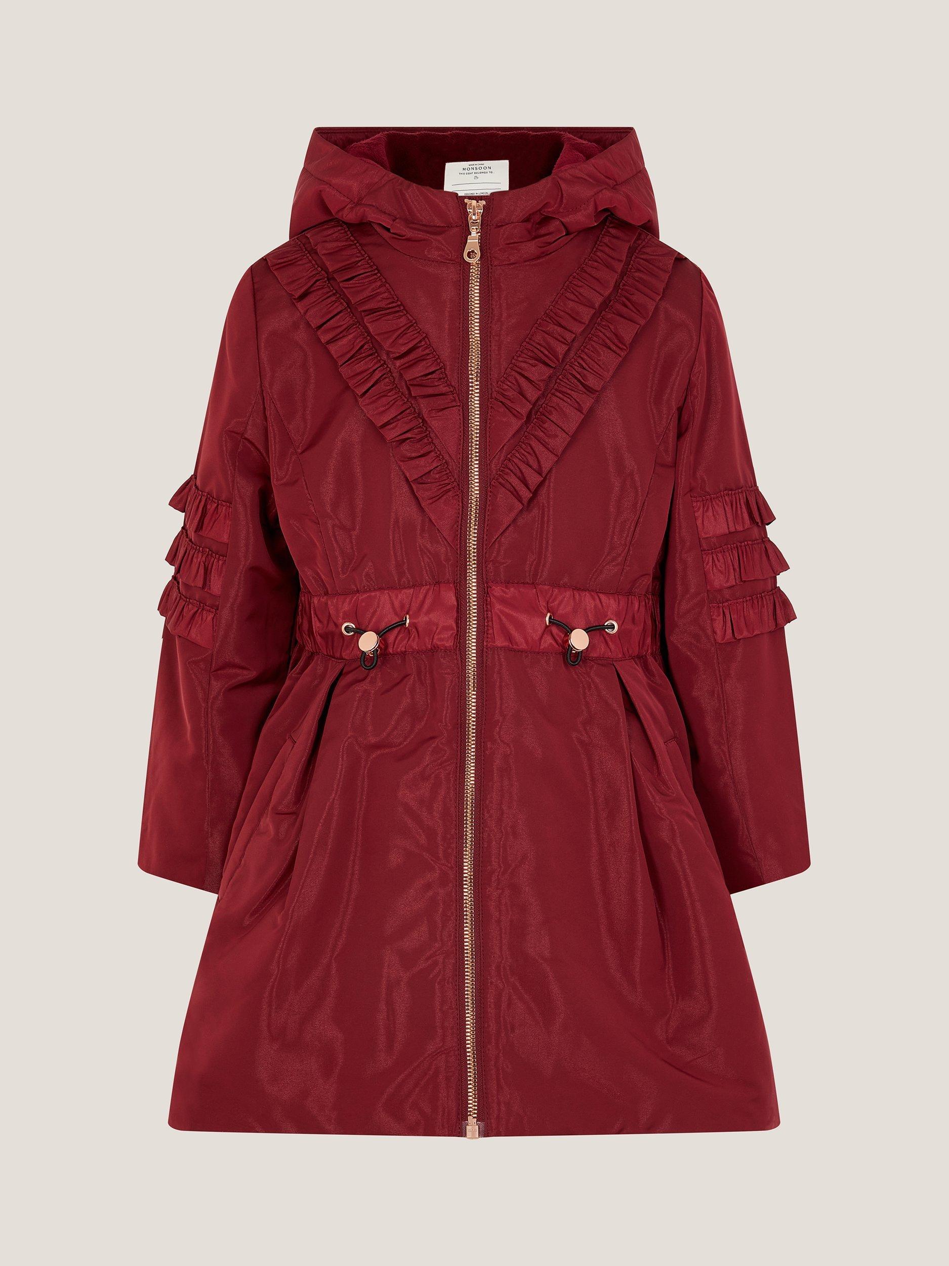 Product image 1 of 3, which shows Monsoon Kids' Hooded Ruffle Raincoat, Burgundy, 3-4 years