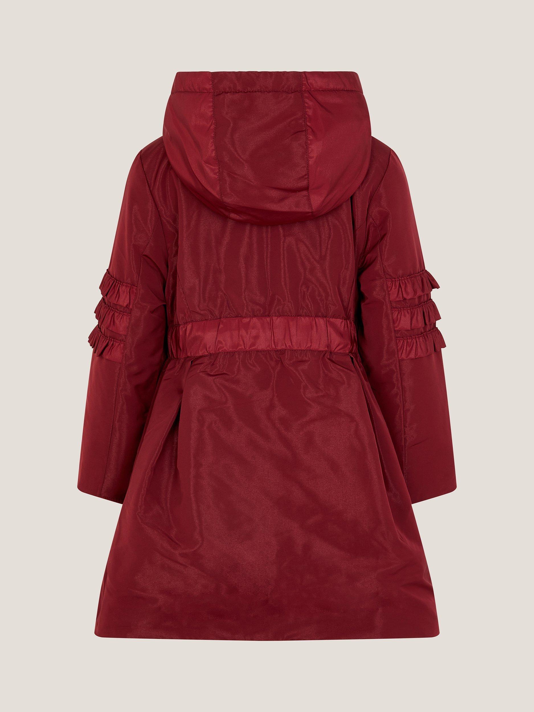 Product image 2 of 3, which shows Monsoon Kids' Hooded Ruffle Raincoat, Burgundy, 3-4 years
