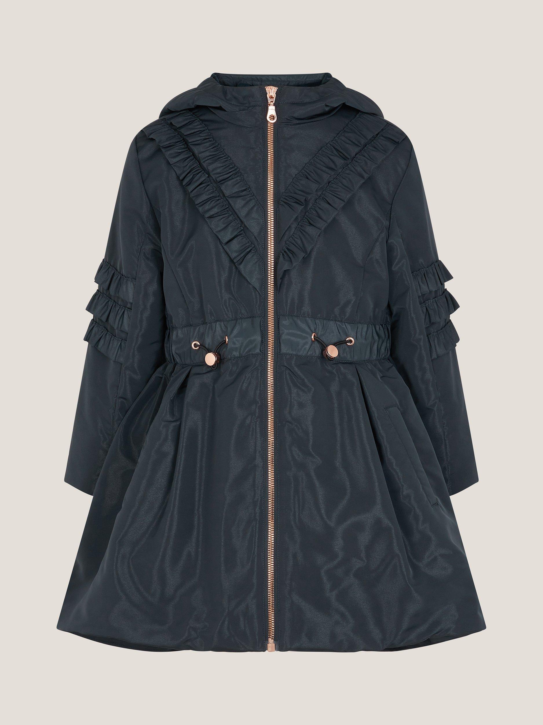 Product image 1 of 3, which shows Monsoon Kids' Ruffle Hooded Raincoat, Navy, 3-4 years