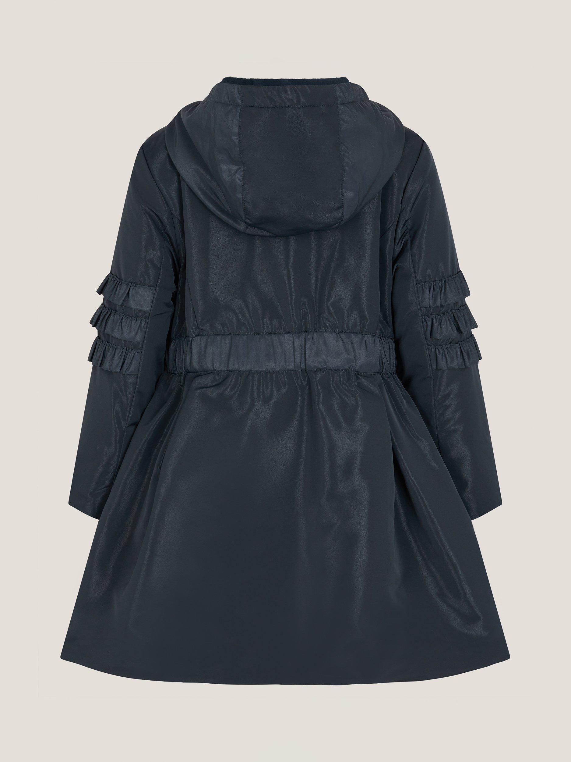 Product image 2 of 3, which shows Monsoon Kids' Ruffle Hooded Raincoat, Navy, 3-4 years