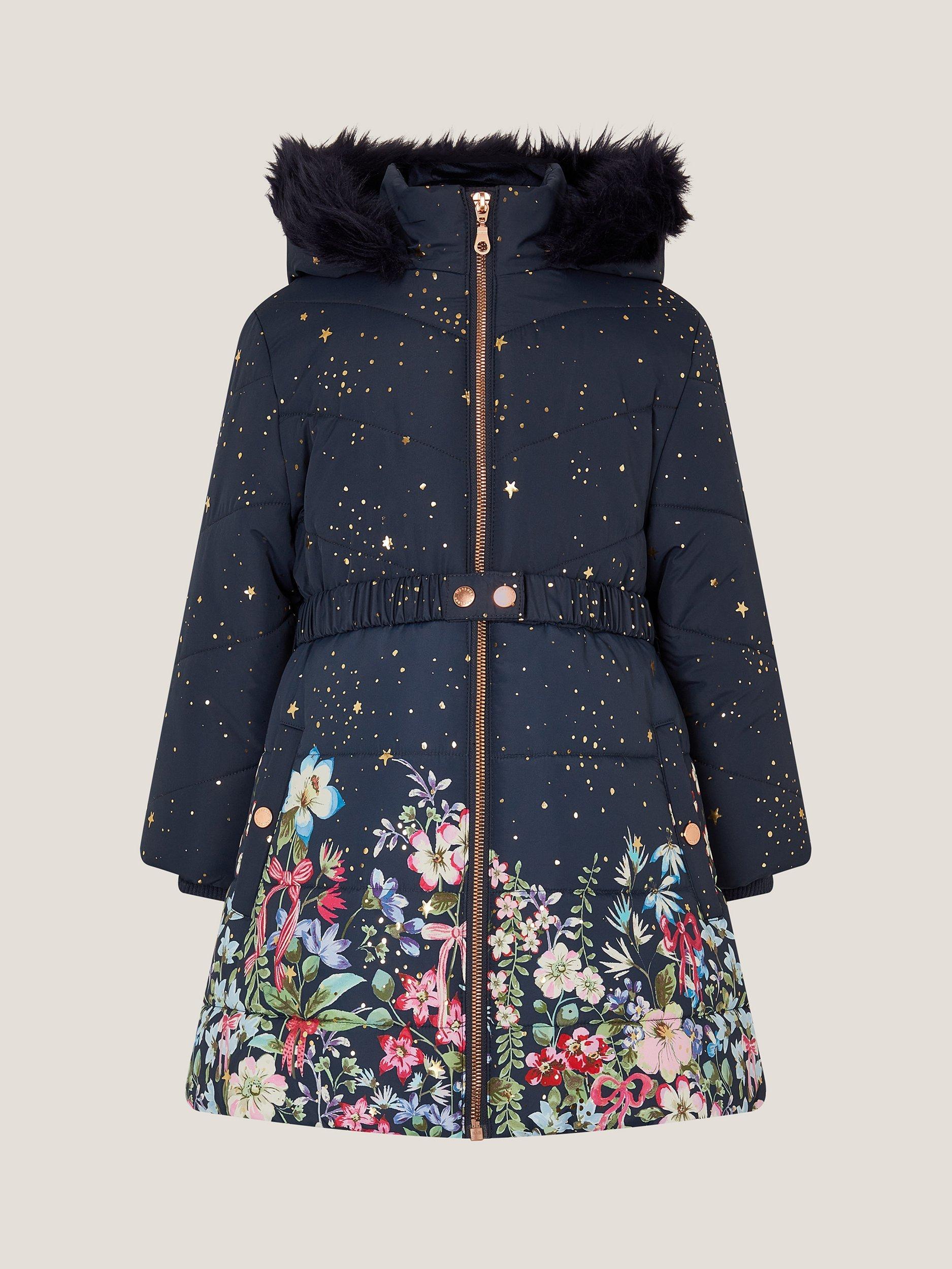Monsoon Kids' Starry Floral Hooded Coat, Navy