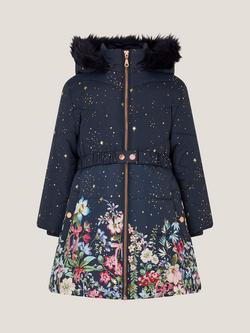 Monsoon Kids' Starry Floral Hooded Coat, Navy, Navy