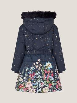 Monsoon Kids' Starry Floral Hooded Coat, Navy - view 2, Navy