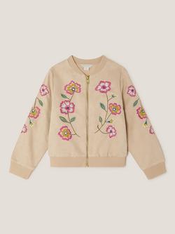 Monsoon Kids' Faux Suede Floral Bomber Jacket, Beige - view 2, Beige