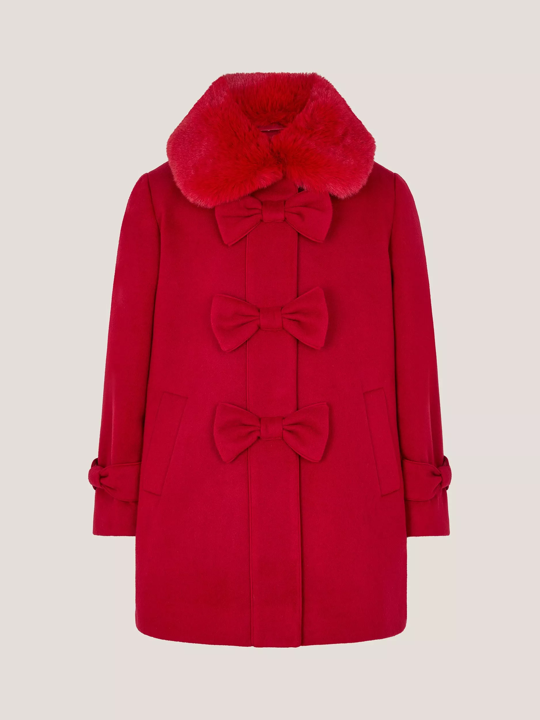 Monsoon Kids' Bow Faux Fur Collar Swing Coat, Red