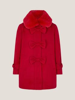 Monsoon Kids' Bow Faux Fur Collar Swing Coat, Red, Red
