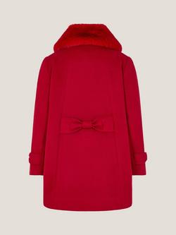 Monsoon Kids' Bow Faux Fur Collar Swing Coat, Red - view 2, Red
