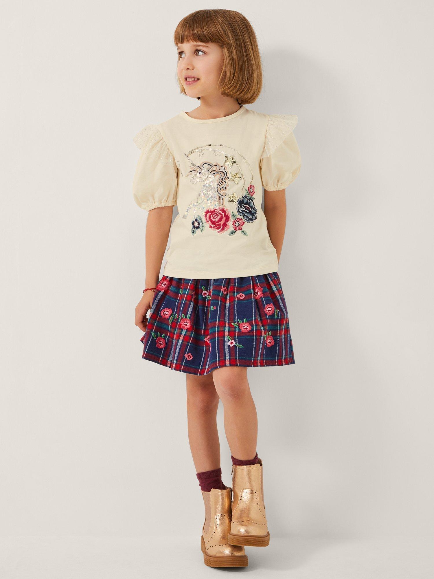 Product image 1 of 4, which shows Monsoon Kids' Cotton Check Floral Skirt, Red, 3-4 years