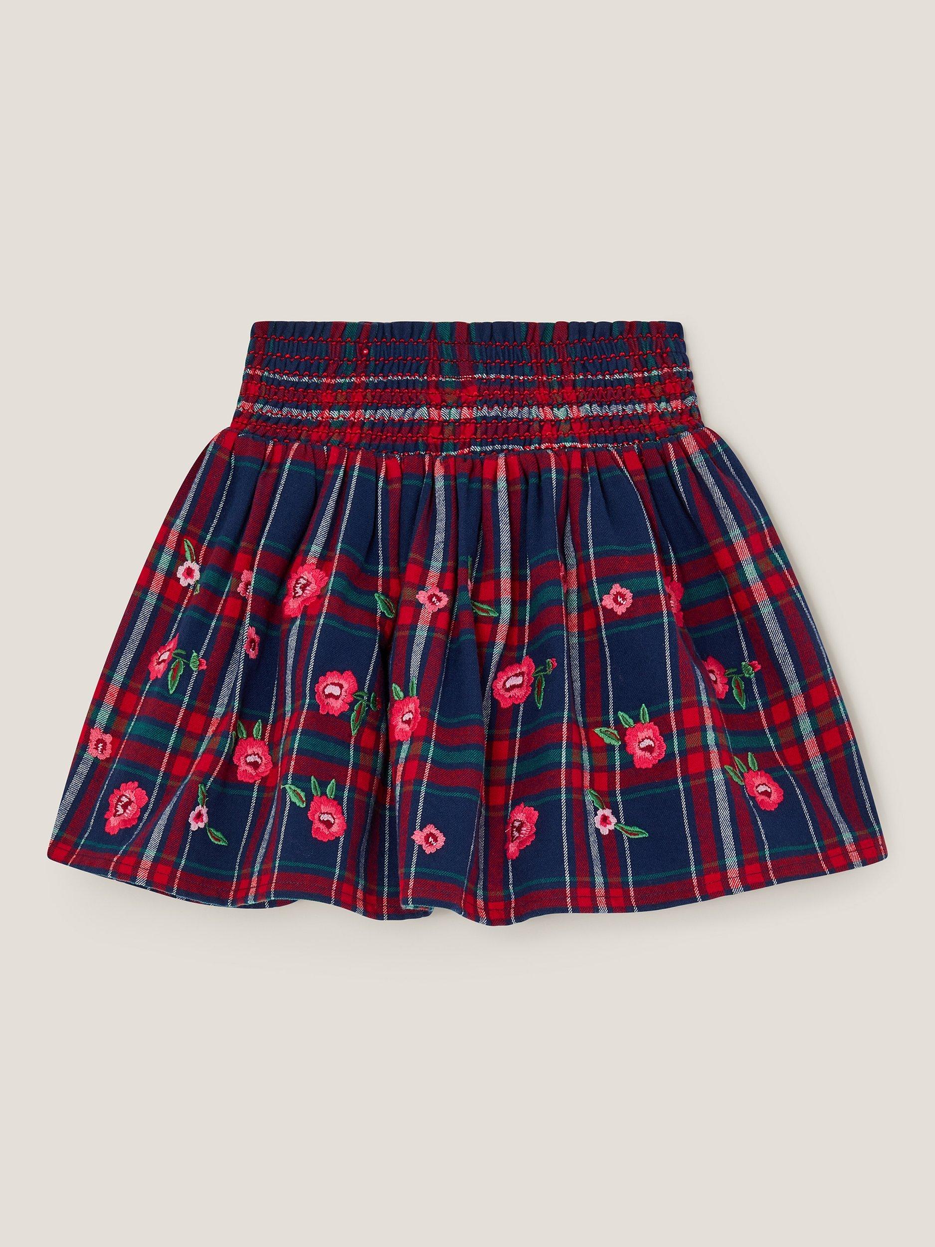 Product image 2 of 4, which shows Monsoon Kids' Cotton Check Floral Skirt, Red, 3-4 years