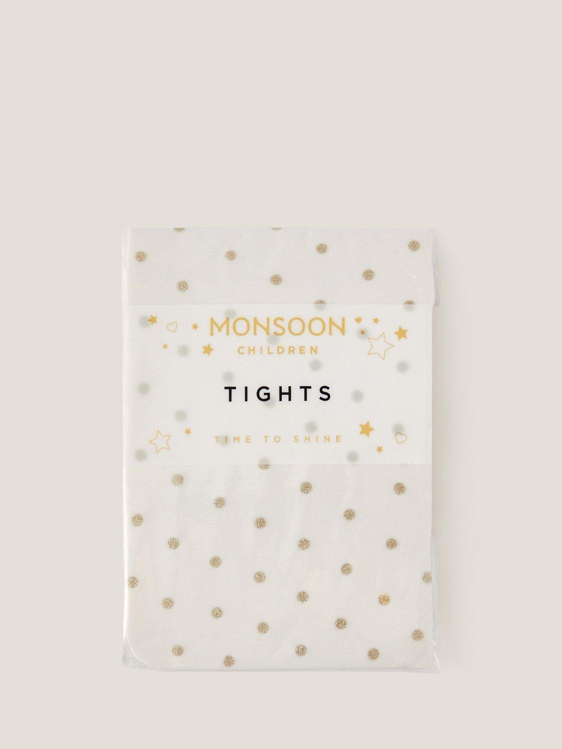 Product image 2 of 3, which shows Monsoon Kids' Glitter Spot Tights, Gold, 3-4 years