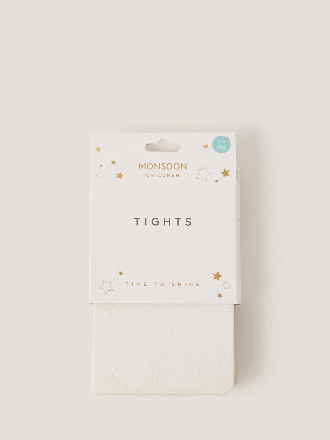 Product image 1 of 2, which shows Monsoon Kids' Plush Diamond Tights, Ivory, 3-4 years