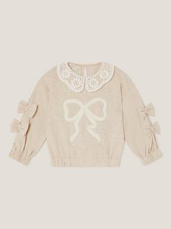 Monsoon Kids' Cotton Lace Collar Bow Sweatshirt, Ivory, Ivory