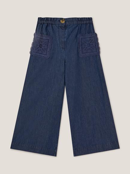 Monsoon Kids' Cotton Crochet Wide Leg Trousers, Blue - view 2, Blue