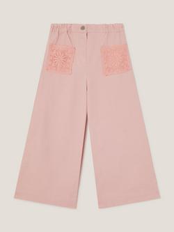Monsoon Kids' Cotton Crochet Wide Leg Trousers, Pink - view 2, Pink