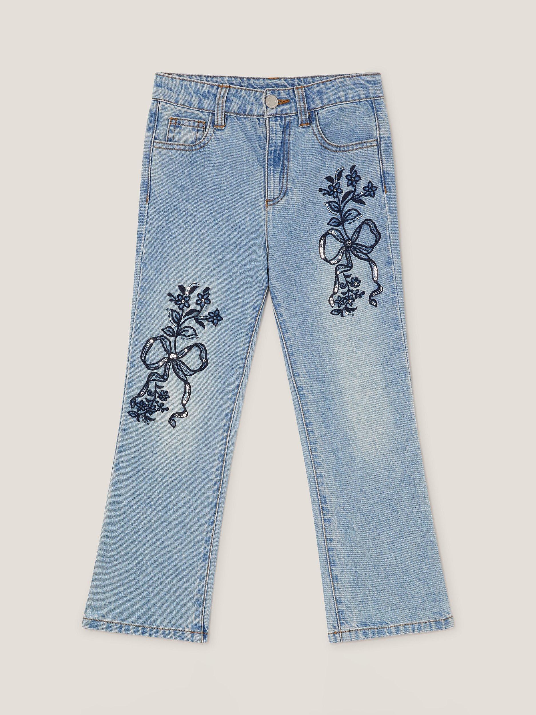 Product image 1 of 4, which shows Monsoon Kids' Denim Bow Embroidery Jeans, Blue, 3 years