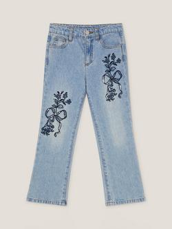 Monsoon Kids' Denim Bow Embroidery Jeans, Blue, Blue