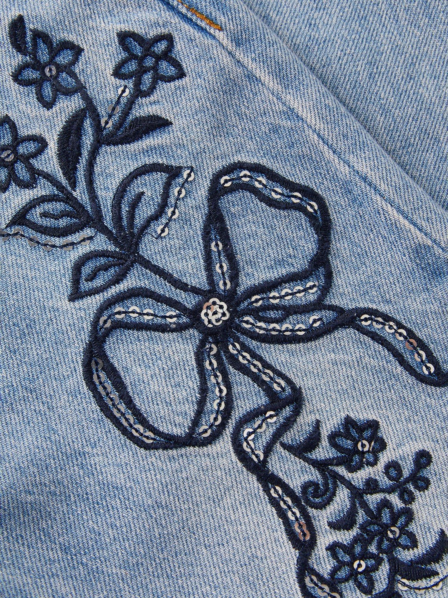 Product image 3 of 4, which shows Monsoon Kids' Denim Bow Embroidery Jeans, Blue, 3 years