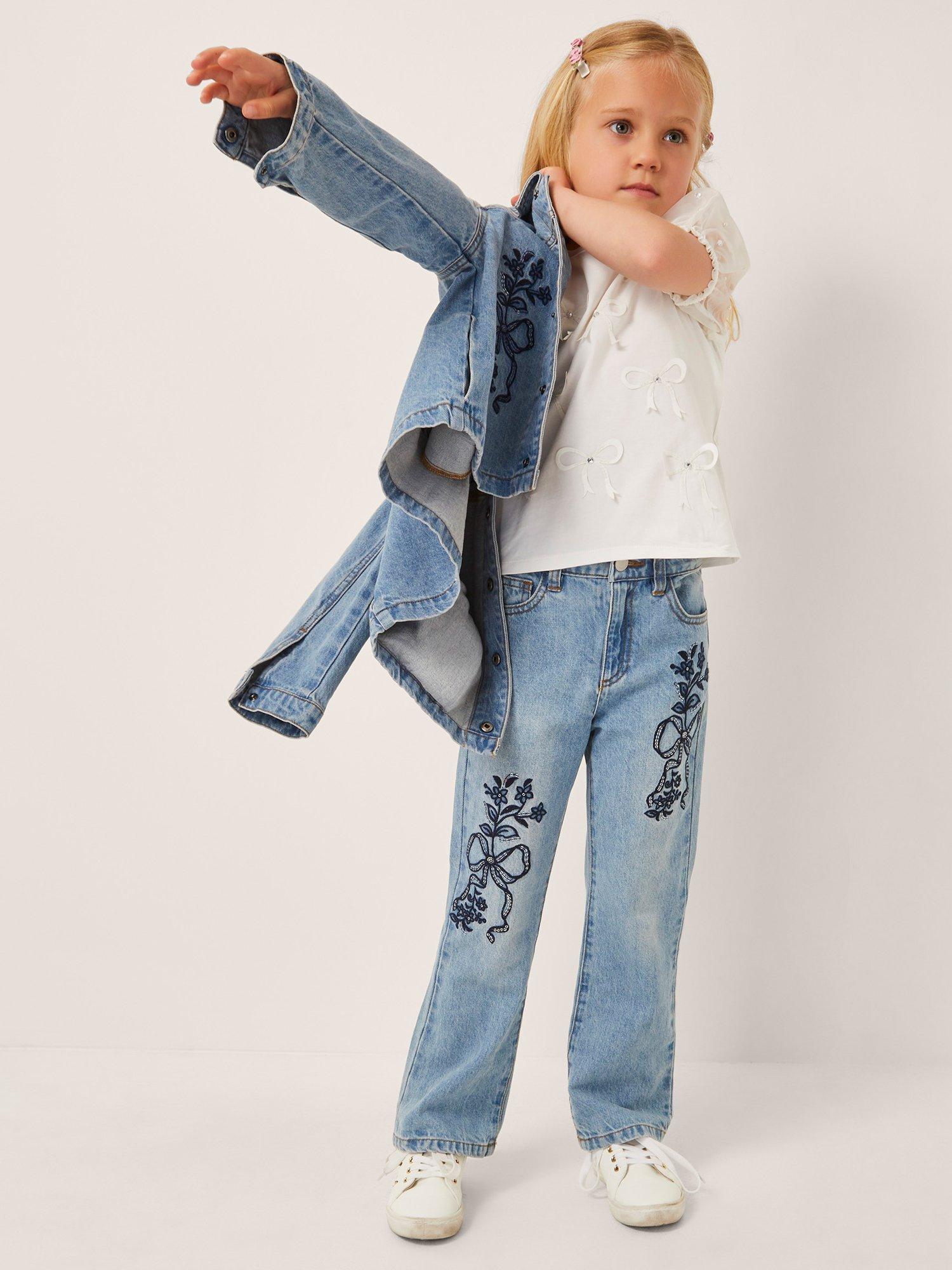 Product image 4 of 4, which shows Monsoon Kids' Denim Bow Embroidery Jeans, Blue, 3 years