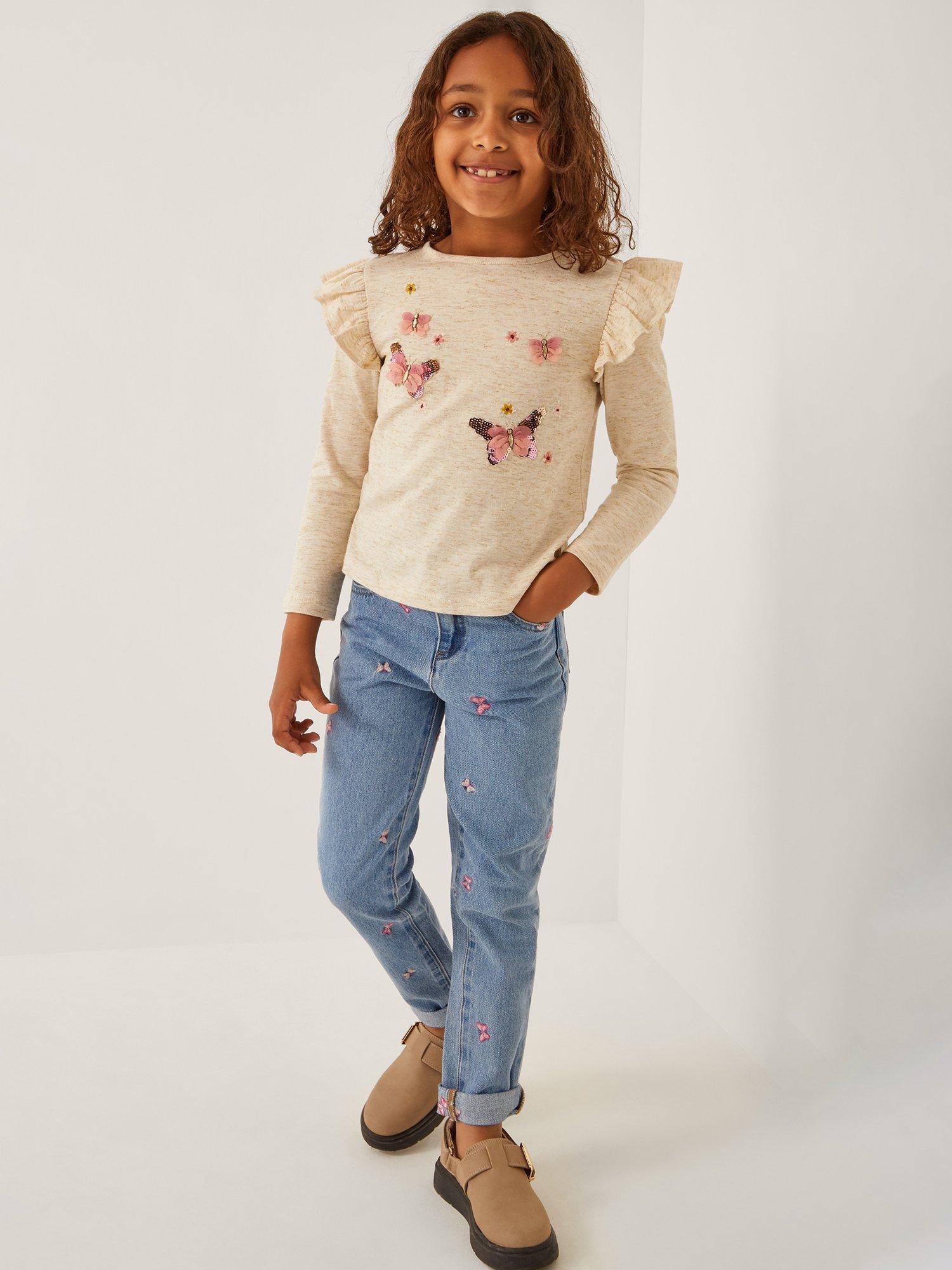 Product image 1 of 4, which shows Monsoon Kids' Denim Butterfly Embroidery Jeans, Blue, 4 years