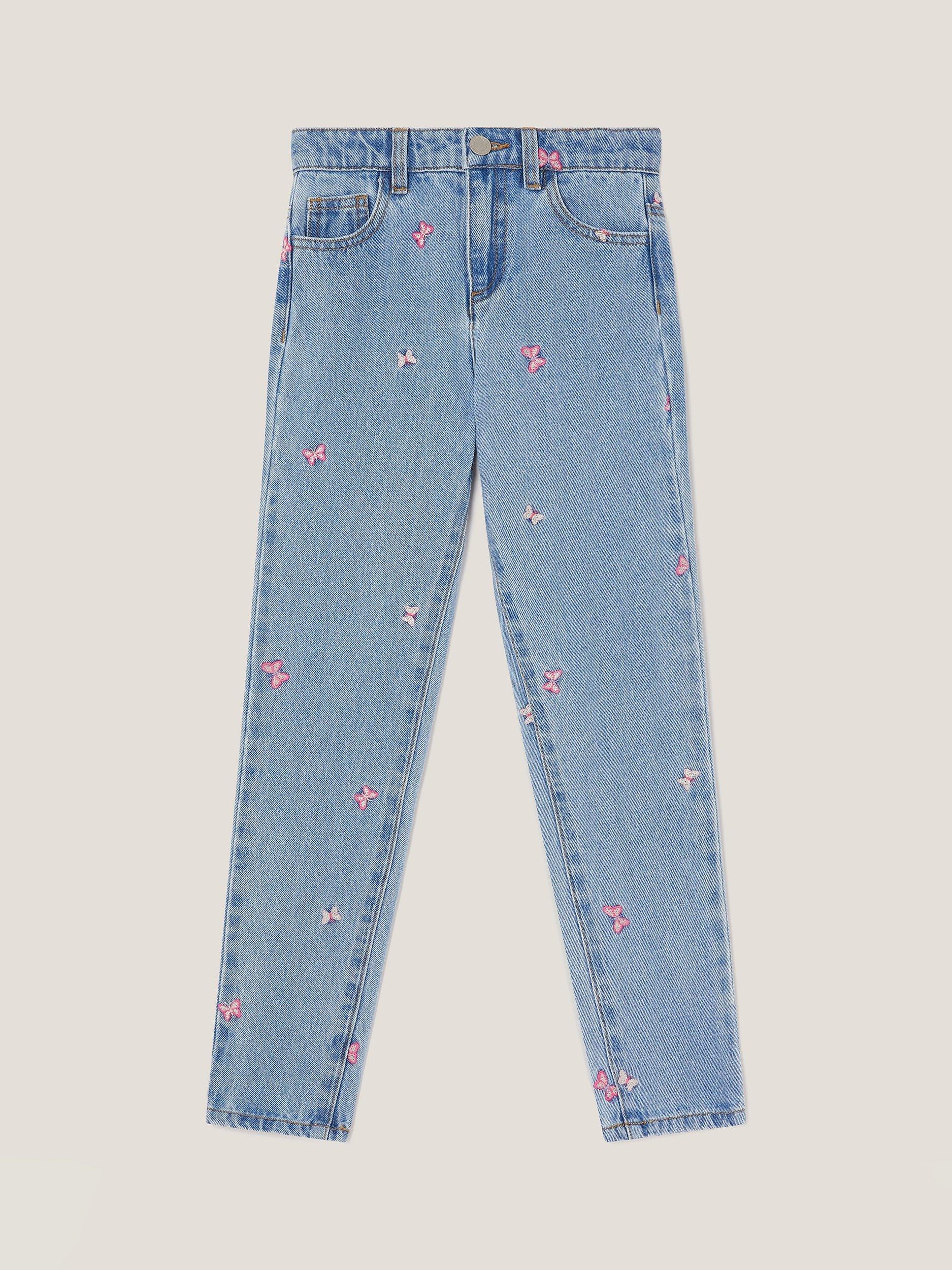 Product image 2 of 4, which shows Monsoon Kids' Denim Butterfly Embroidery Jeans, Blue, 4 years