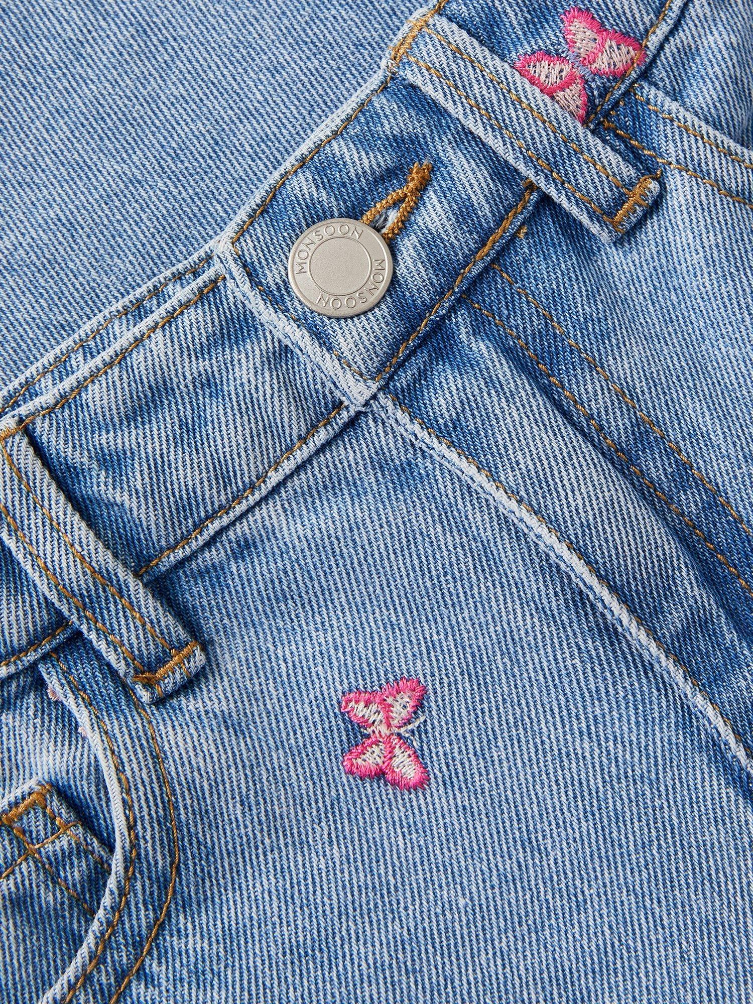 Product image 4 of 4, which shows Monsoon Kids' Denim Butterfly Embroidery Jeans, Blue, 4 years