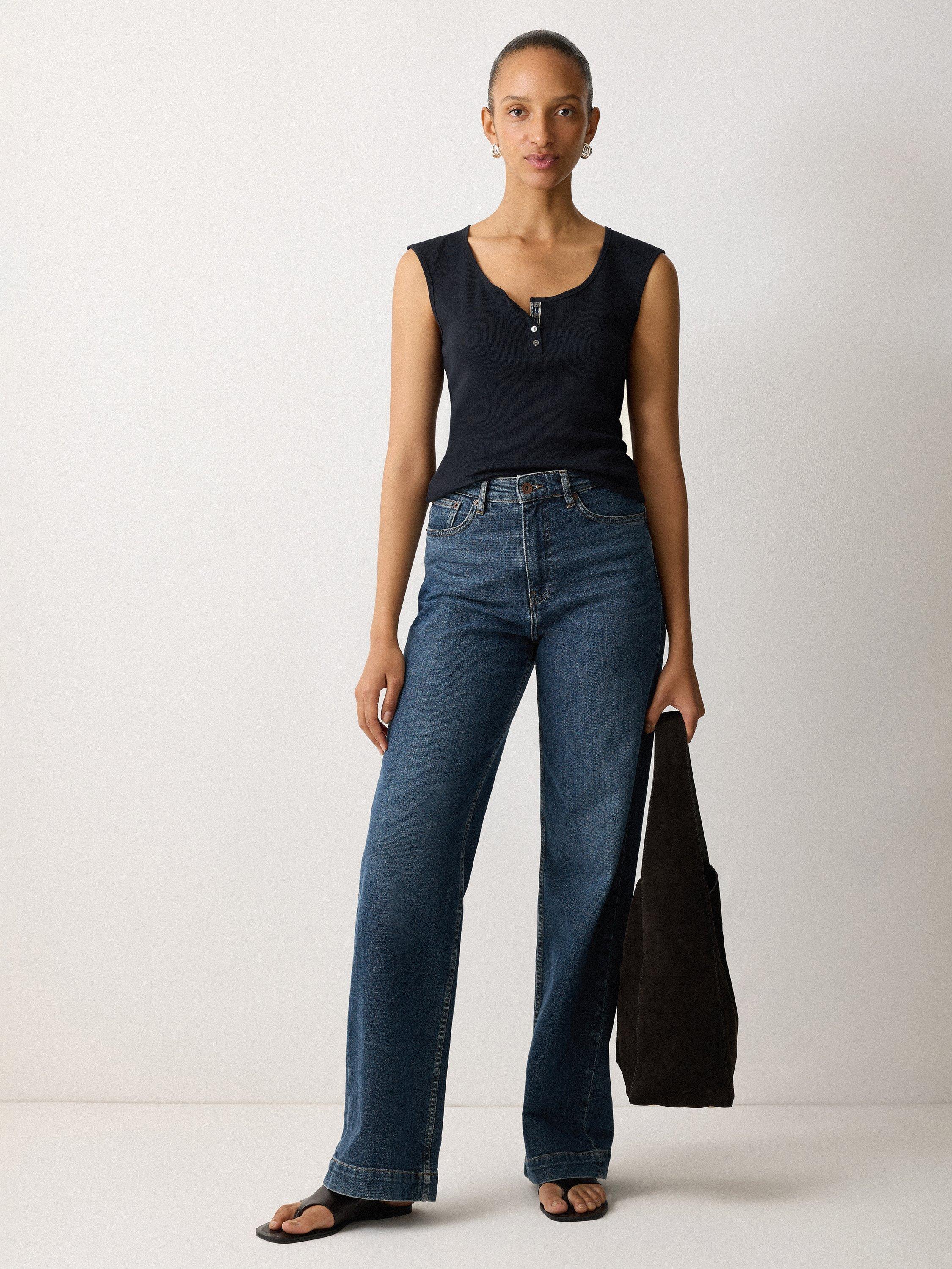 Product image 1 of 5, which shows Jigsaw Scoop Neck Sleeveless Fine Cotton Top, Navy, XS