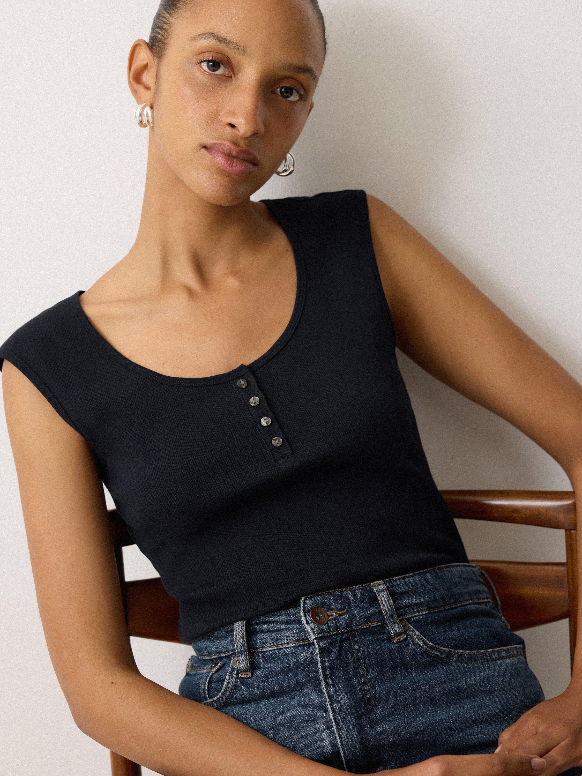 Product image 4 of 5, which shows Jigsaw Scoop Neck Sleeveless Fine Cotton Top, Navy, XS