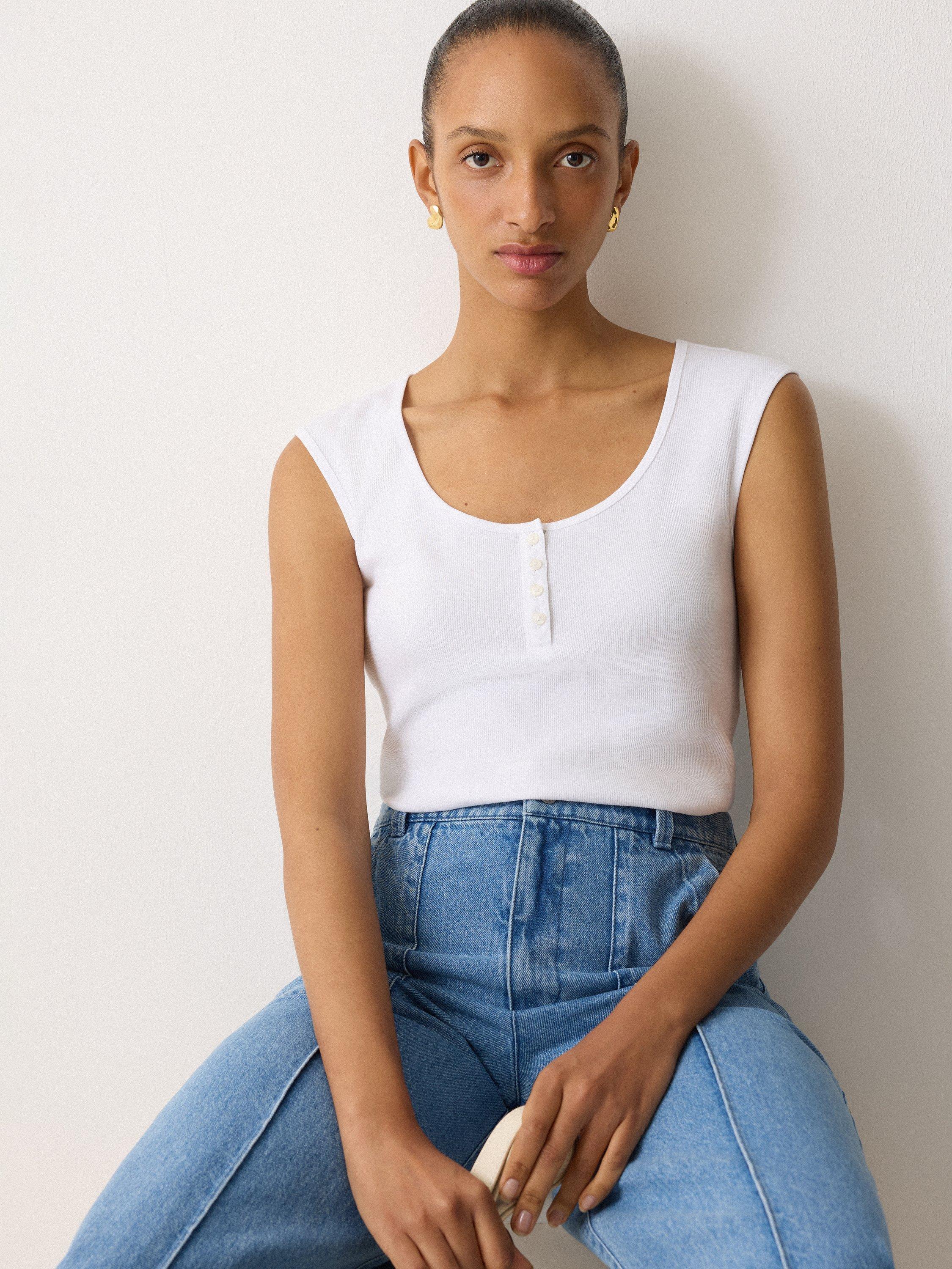 Product image 4 of 5, which shows Jigsaw Scoop Neck Sleeveless Fine Cotton Top, White, XS