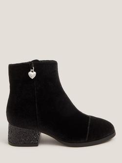Monsoon Kids' Velvet Heart Charm Heeled Ankle Boots, Black, Black