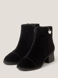 Monsoon Kids' Velvet Heart Charm Heeled Ankle Boots, Black - view 2, Black