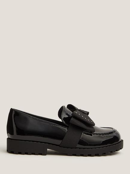 Monsoon Kids' Bow Patent Loafer Shoes, Black, Black