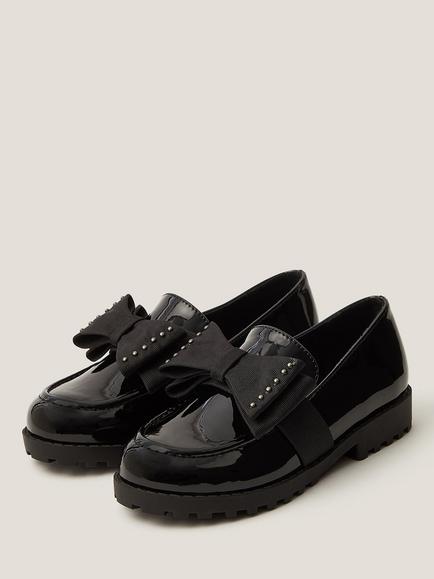 Monsoon Kids' Bow Patent Loafer Shoes, Black - view 2, Black