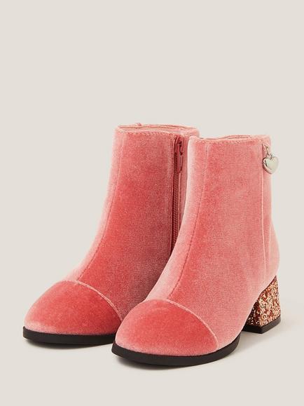 Monsoon Kids' Velvet Heeled Boots, Pink - view 2, Pink