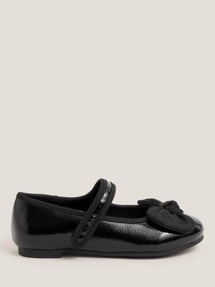 Monsoon Kids' Patent Bow Ballerina Flat Shoes, Black, Black