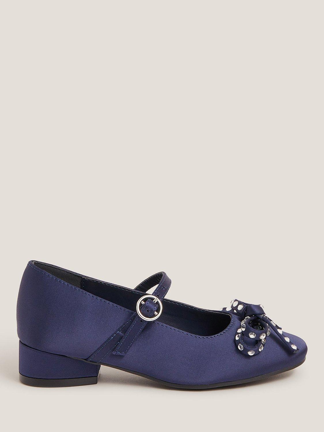 Product image 1 of 3, which shows Monsoon Kids' Bow Ballet Heeled Shoes, Navy, 7 Jnr