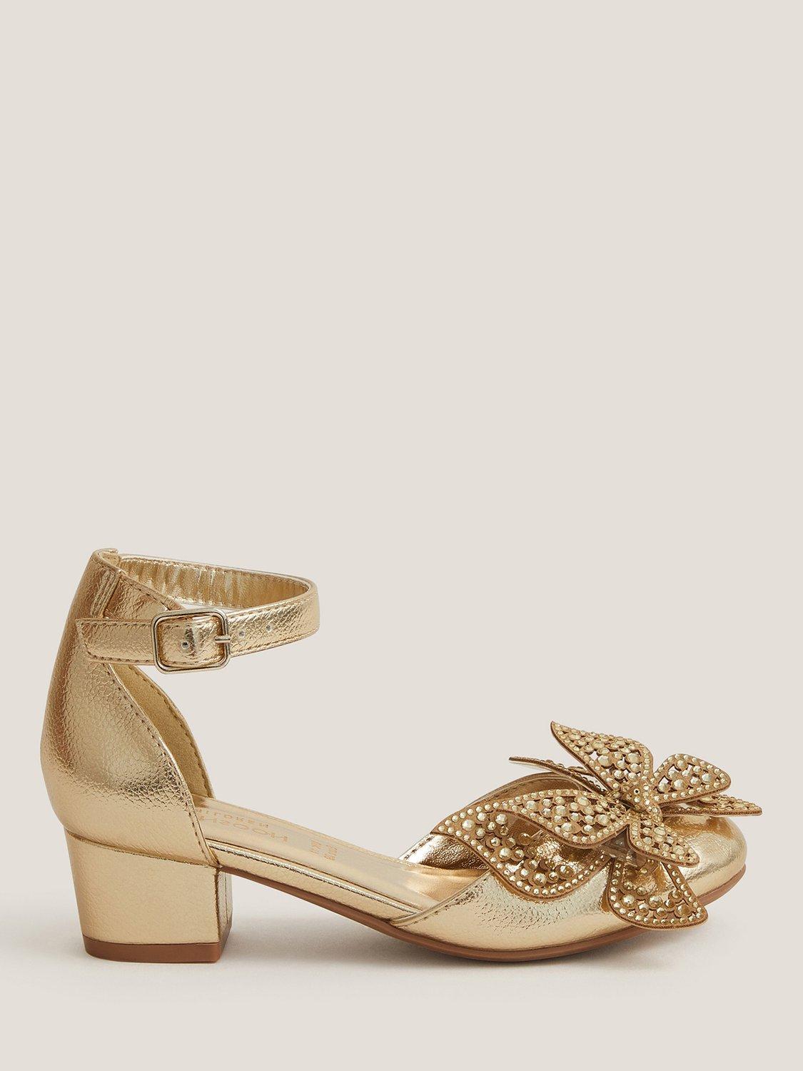 Product image 1 of 3, which shows Monsoon Kids' Butterfly Heeled Shoes, Gold, 4