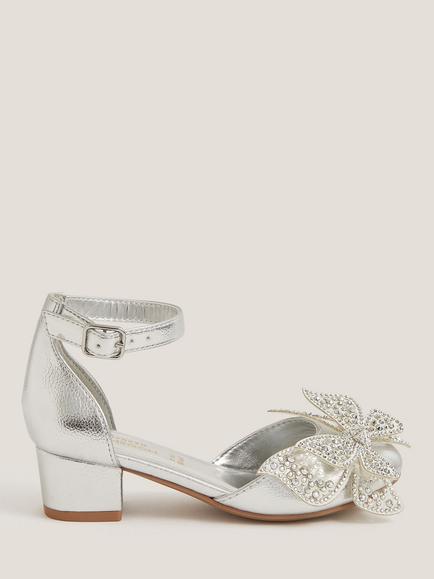 Monsoon Kids' Metallic Butterfly Heeled Shoes, Silver, Silver
