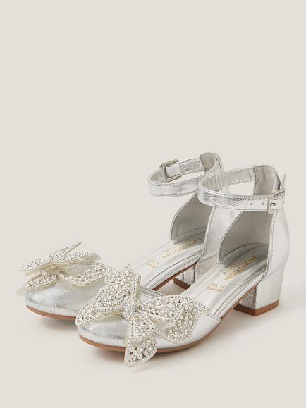 Monsoon Kids' Metallic Butterfly Heeled Shoes, Silver - view 2, Silver